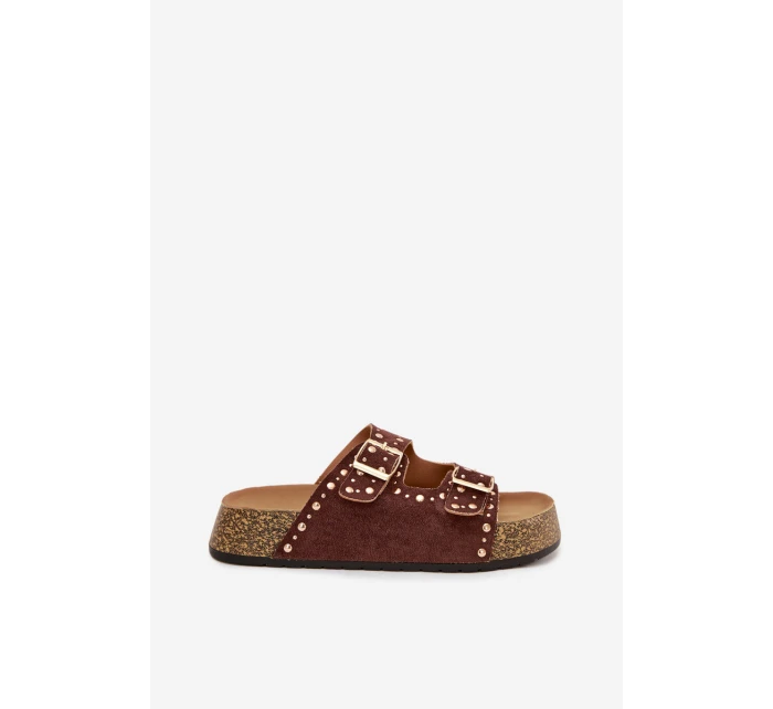 Dámské pantofle s zlatými sponami a knoflíky hnědé Tervina