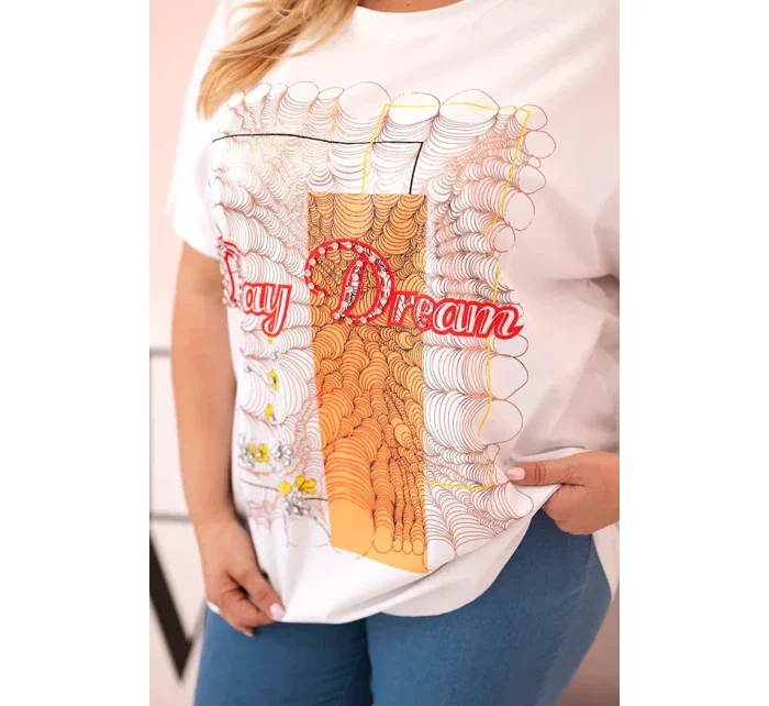 Dámská bavlněná halenka Plus Size s potiskem  bílá + oranžová model 21175961 - K-Fashion