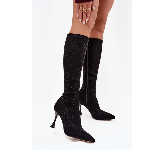 Dámské kozačky na jehlovém podpatku s ozdobou D&A JC52-883 Černé