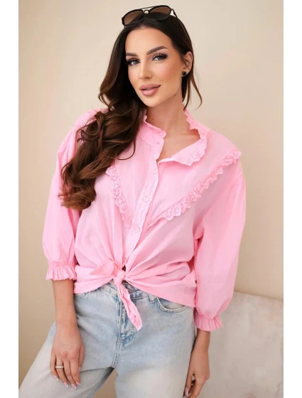 Dámská bavlněná košile s krajkou a vázáním světle růžová Dámská bavlněná košile s krajkou a vázáním světle růžová