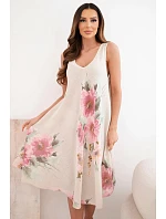 Dámské bavlněné oversize šaty s výstřihem do V a květinovým potiskem béžová