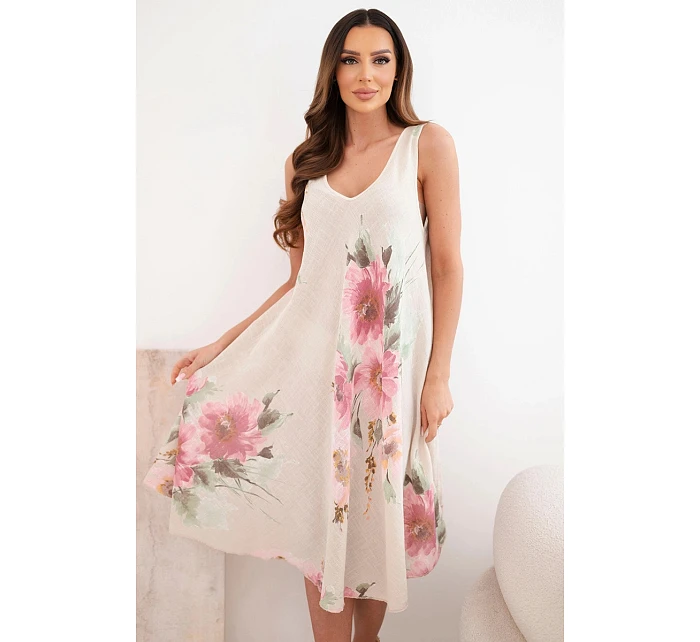 Dámské bavlněné oversize šaty s výstřihem do V a květinovým potiskem béžová