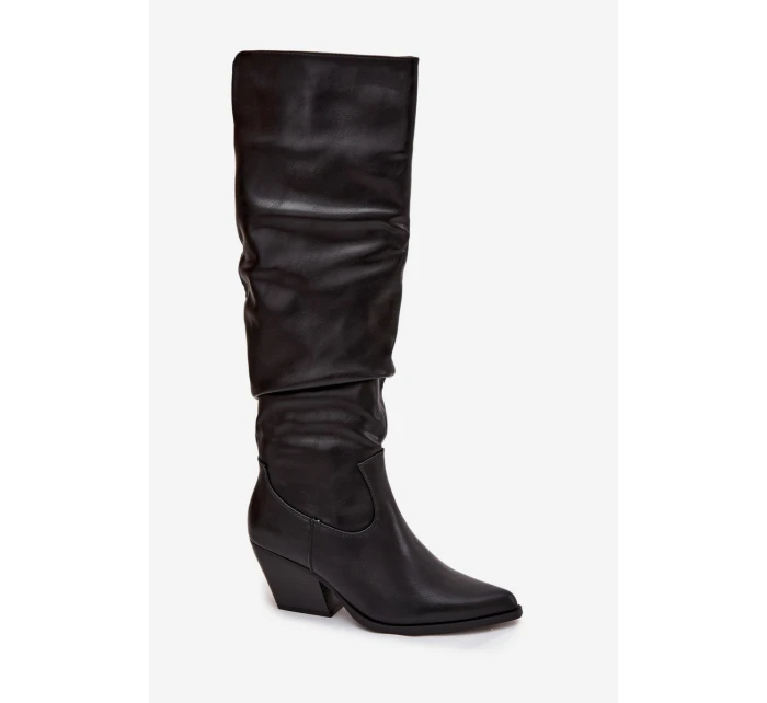 Dámské zateplené kozačky kovbojky na podpatku Rosvian – černé, eko semiš Dámské zateplené kozačky kovbojky na podpatku Rosvian – černé, eko semiš