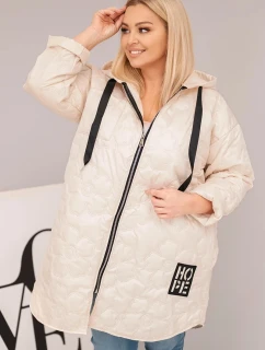 Dámská bunda Plus Size prošívaná s kapucí a nápisem HOPE světlá béžová