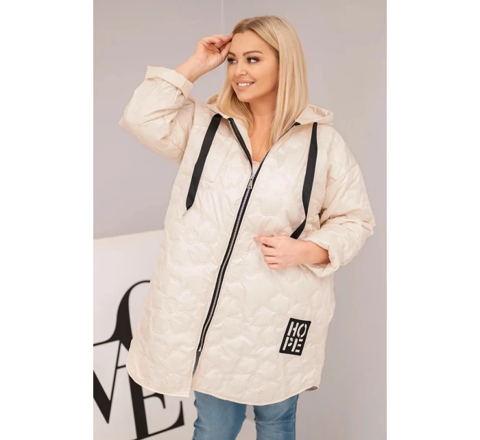 Dámská bunda Plus Size prošívaná s kapucí a nápisem HOPE světlá béžová