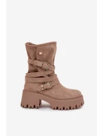 Dámské boty na podpatku s přezkami a páskem béžové model 21715455 - Boto