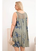 Dámské šaty Plus Size z viskózy s květinovým vzorem a krajkovým vrškem khaki Dámské šaty Plus Size z viskózy s květinovým vzorem a krajkovým vrškem khaki