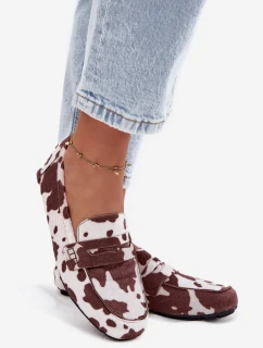 Dámské loafersy mokasíny s plochou podrážkou a vzorem Roseline – hnědo-bílé