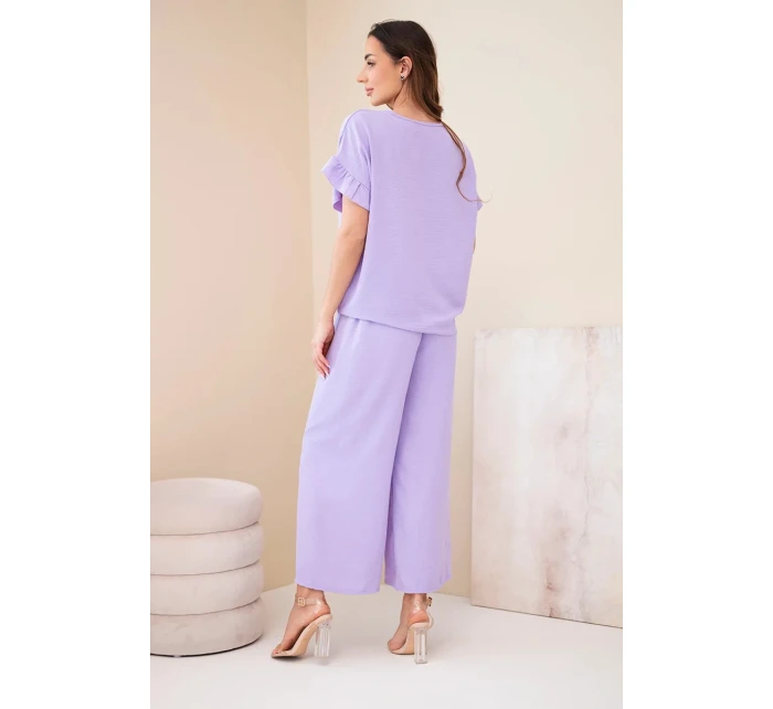 Dámský viskózový komplet s halenkou s potiskem a kalhotami světle fialový
