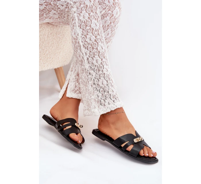 Ploché Dámské Pantofle S Páskem A Zlatým Detalem Černé Kerenza Ploché Dámské Pantofle S Páskem A Zlatým Detalem Černé Kerenza