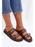 Dámské pantofle se zlatými přezkami kůže čokoládové model 21943360 - Boto