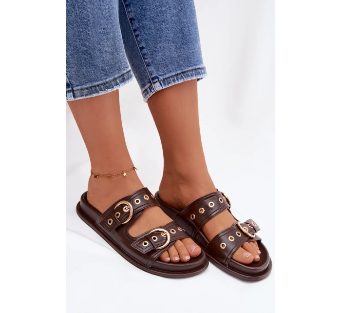 Dámské pantofle se zlatými přezkami kůže čokoládové model 21943360 - Boto