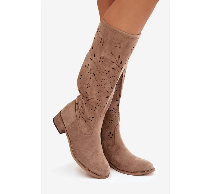 Ažurové kozačky na klínu NS596P béžové - Seastar