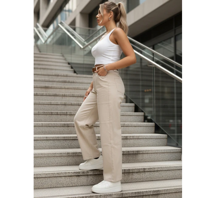 Dámské džíny mom fit s vysokým pasem a páskem světle béžové FashionStreet UY2919