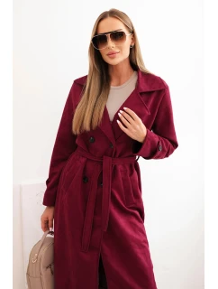 Dámský semišový plášť v pase vázaný s límcem a knoflíky bordový