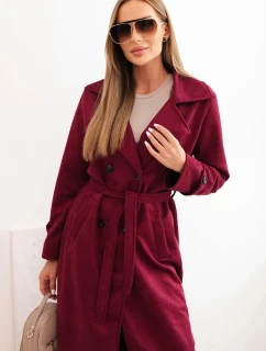 Dámský semišový plášť v pase vázaný s límcem a knoflíky bordový