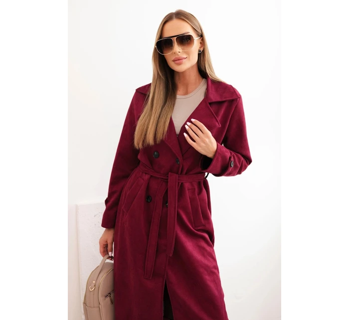 Dámský semišový plášť v pase vázaný s límcem a knoflíky bordový Dámský semišový plášť v pase vázaný s límcem a knoflíky bordový