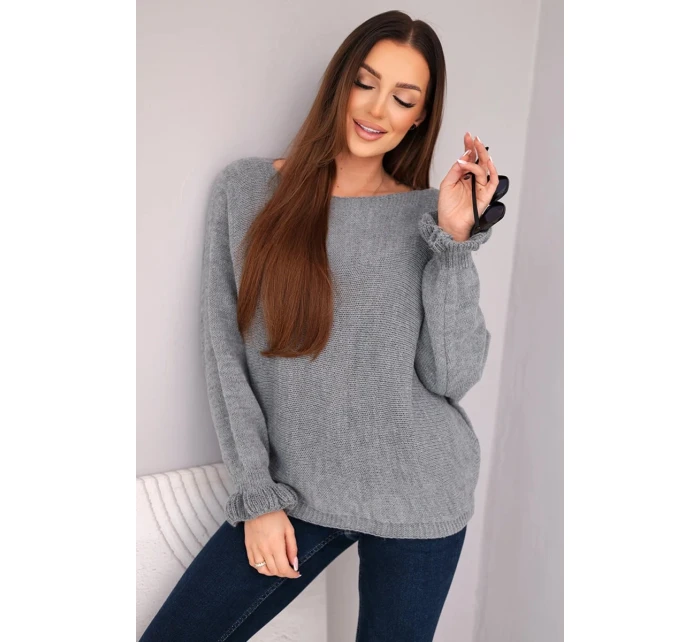 Svetr dámský z mohéru s nařasenými rukávy a výstřihem na zádech tmavě šedý