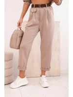 Sada dámská máslová mikina s kapucí a kalhoty s páskem tmavě béžová