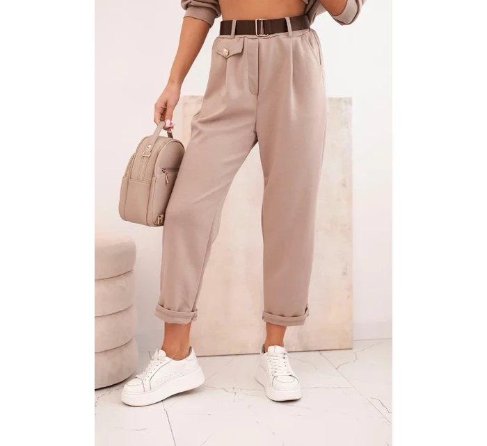 Sada dámská máslová mikina s kapucí a kalhoty s páskem tmavě béžová