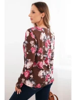 Dámská halenka z viskózy s květinami a dlouhým rukávem čokoládová