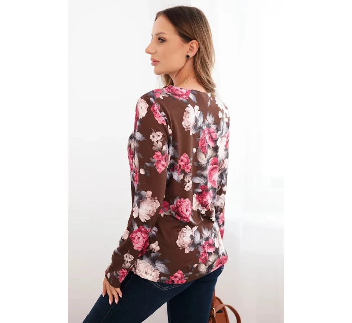 Dámská halenka z viskózy s květinami a dlouhým rukávem čokoládová