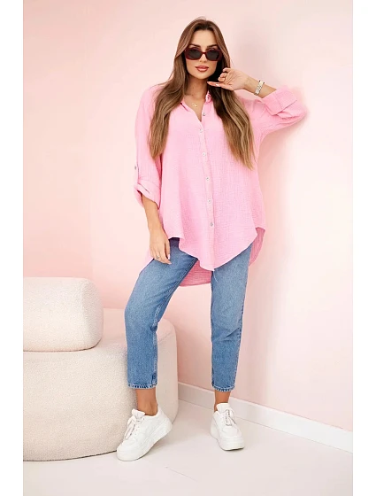 Bavlněná mušelínová košile oversize bonbónově růžová