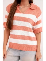Dámský svetr s límečkem a krátkým rukávem pruhovaný rudy Dámský svetr s límečkem a krátkým rukávem pruhovaný rudy