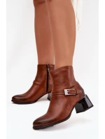 Dámské botky Zazoo – kožené, na podpatku s přezkou, hnědé Dámské botky Zazoo – kožené, na podpatku s přezkou, hnědé