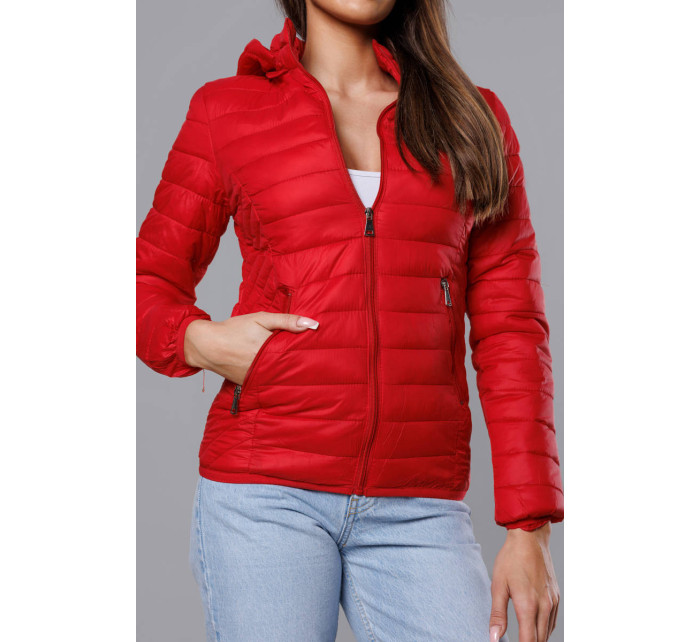 Červená prošívaná dámská bunda s kapucí (B0124-4)
