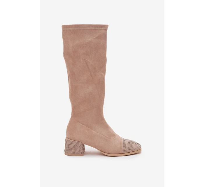 Dámské kozačky s ozdobou na Eko semiš béžové model 21715294 - Boto