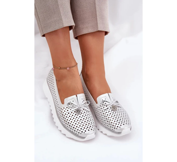 Dámské ažurové polobotky z přírodní kůže – stříbrné