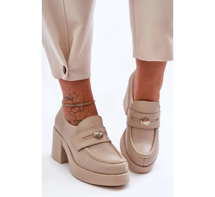 Kůže Dámské Polobotky Na Sloupku Bežové model 21630078 - Boto Kůže Dámské Polobotky Na Sloupku Bežové model 21630078 - Boto