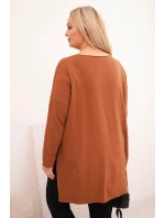 Dámská blůza Plus Size asymetrická s dlouhým rukávem tmavě camelová