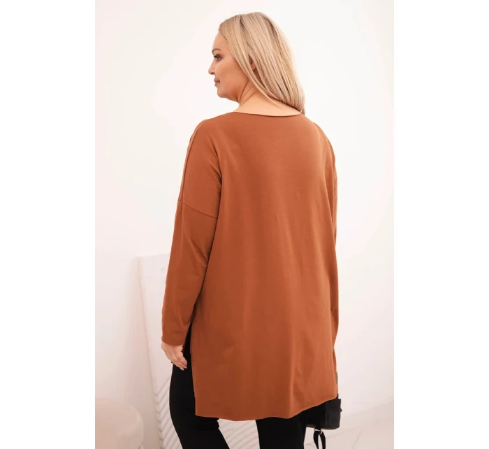 Dámská blůza Plus Size asymetrická s dlouhým rukávem tmavě camelová