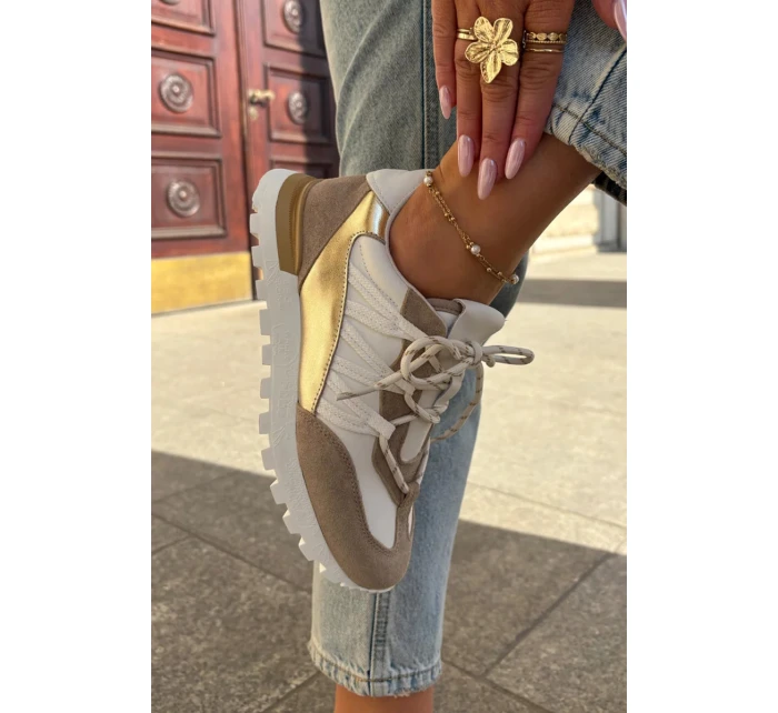 Dámské kožené polobotky sneakers Artiker – béžovo/zlaté