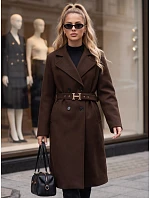 Elegantní dámský dvouřadý kabát s páskem v čokoládové barvě FashionStreet NY0789