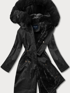 Černá dámská zimní bunda s mechovitým kožíškem (B537-1)