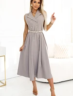 596-2 Elegantní midi košilka se zlatými knoflíky a páskem - GREY BEige