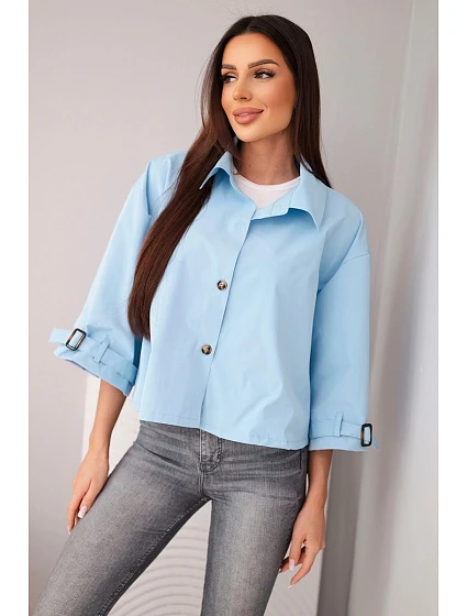 Dámská jarní bavlněná bunda model 22084761 na knoflíky s límcem modrá - K-Fashion
