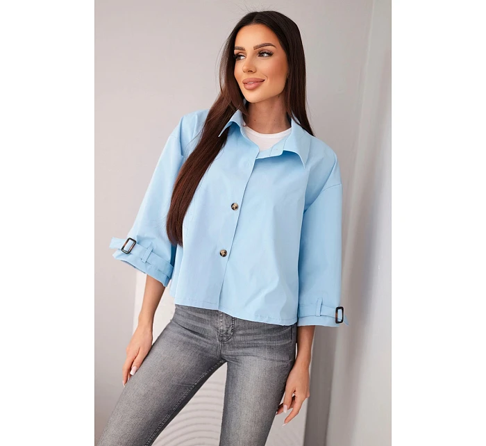 Dámská jarní bavlněná bunda model 22084761 na knoflíky s límcem modrá - K-Fashion