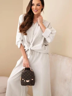 Dámský bavlněný komplet s vázanou košilí a širokou nohavicí béžový