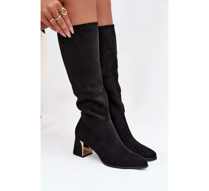 Dámské kozačky na podpatku se zlatým prvkem černé Nivarae