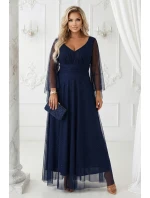 655-3 Dlouhé lehké třpytivé šaty s výstřihem a průhlednými rukávy - tmavě modré 655-3 Dlouhé lehké třpytivé šaty s výstřihem a průhlednými rukávy - tmavě modré