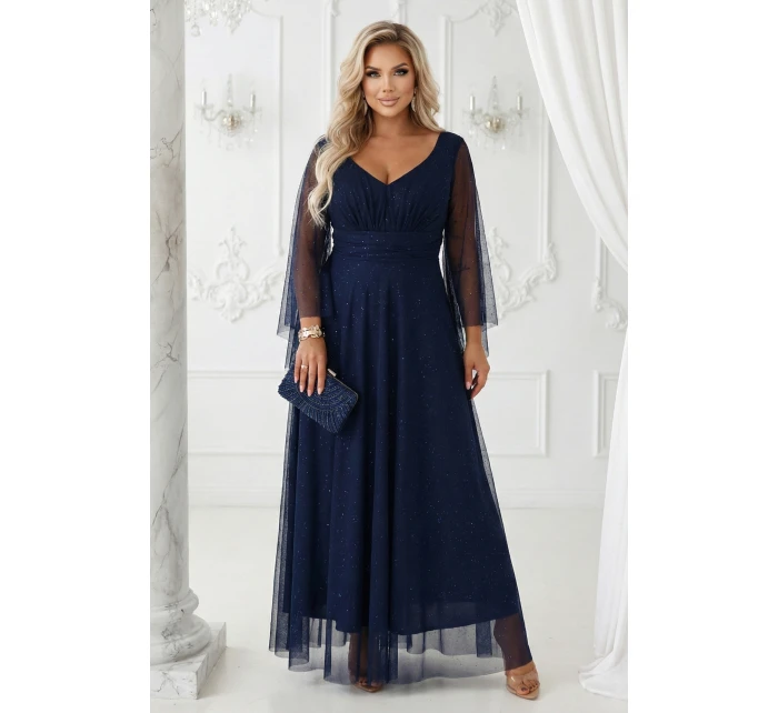 655-3 Dlouhé lehké třpytivé šaty s výstřihem a průhlednými rukávy - tmavě modré 655-3 Dlouhé lehké třpytivé šaty s výstřihem a průhlednými rukávy - tmavě modré