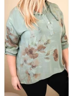 Dámská blůza Plus Size z viskózy s kapucí a květinovým vzorem khaki