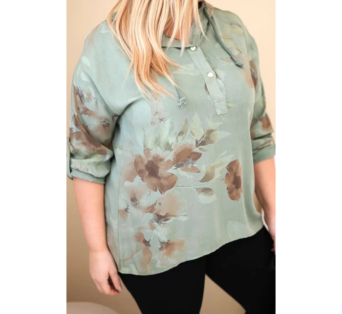 Dámská blůza Plus Size z viskózy s kapucí a květinovým vzorem khaki