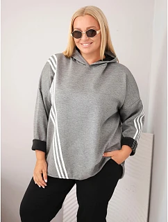 Dámská mikina Plus Size z viskózy s kapucí a ozdobnými pásky tmavě šedá