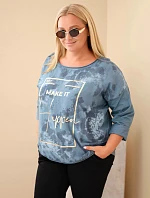 Dámská bavlněná halenka Plus Size s potiskem a výstřihem U džíny modrá