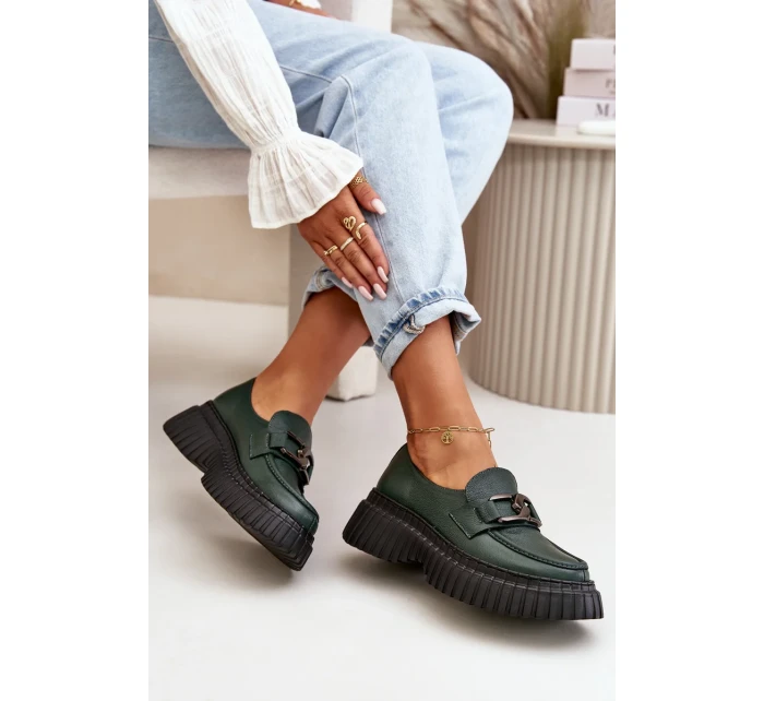 Zazoo Polobotky Mokasíny Dámské Z Přírodní Kůže Tmavě Zelené